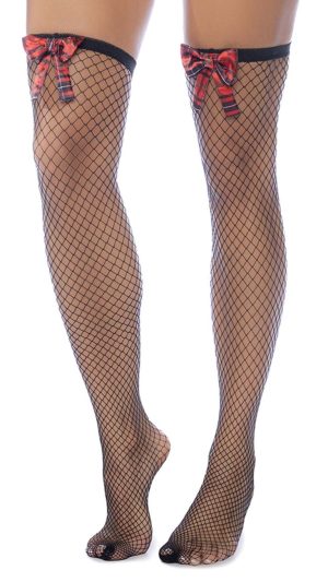 Mapale 1128 Diamond Fishnet Thigh Highs with Plaid Bows